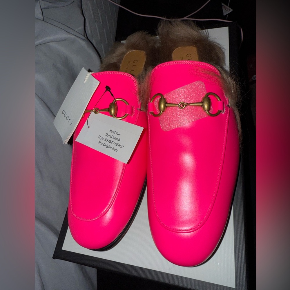 Gucci Princetown Pink Loafers with Fur Trim